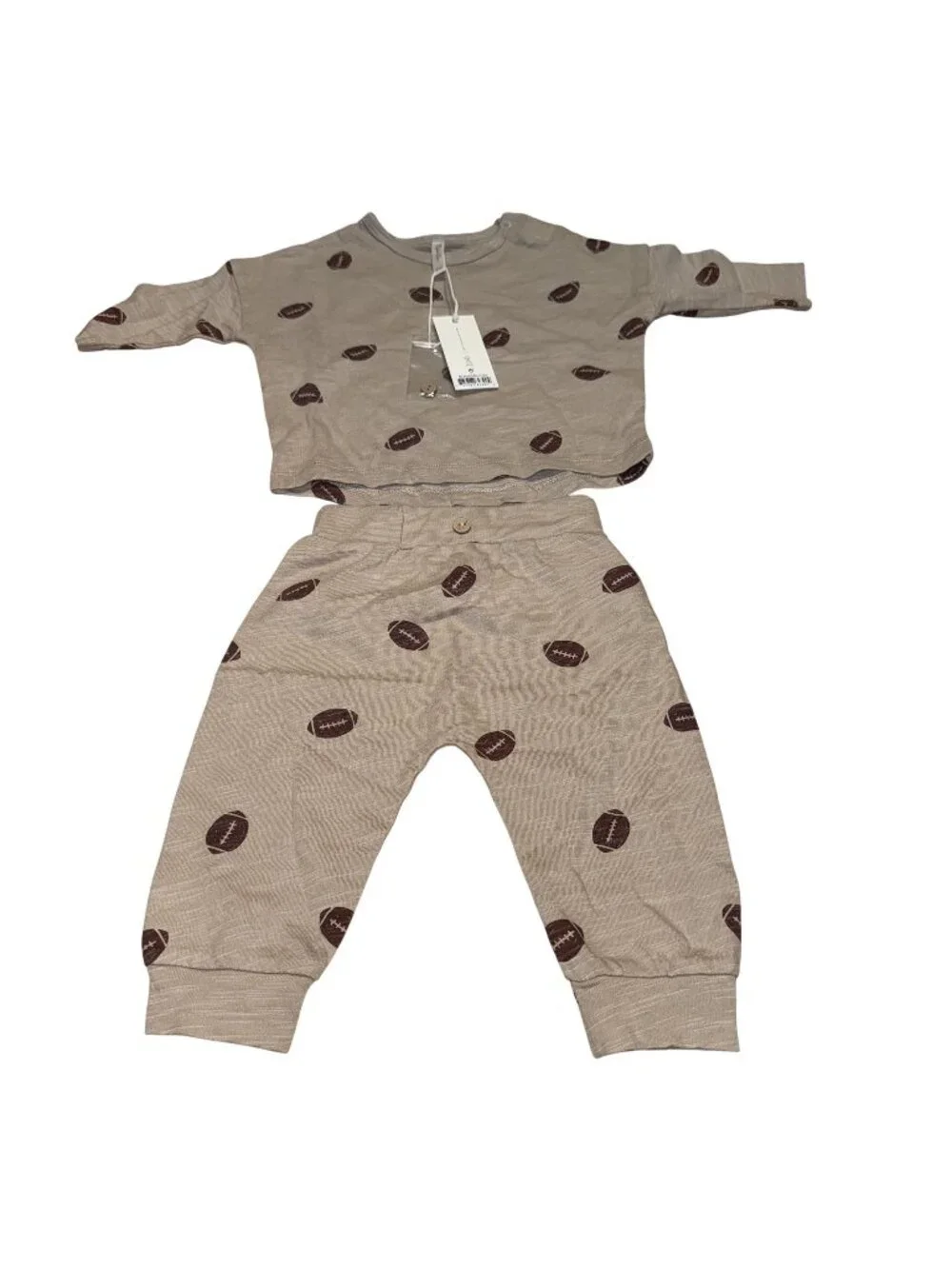 NWT Rylee + Cru Footballs Stone Brown Tee + Pant Set Baby Size 0-3 Months